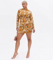 New Look Curves Orange Doodle Print Ruched Mini Skirt
